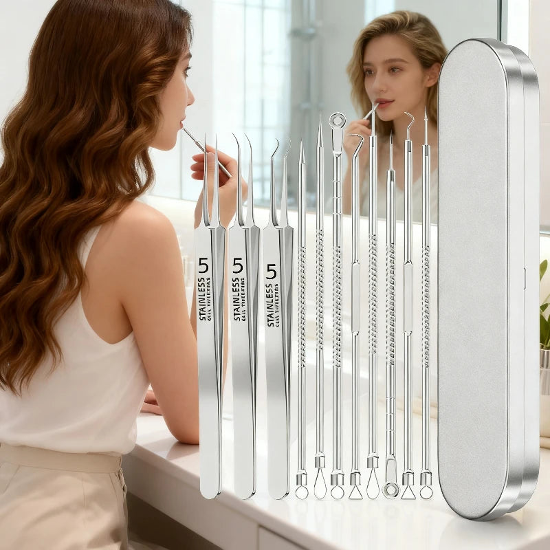 11pcs Stainless Steel acne needle Blackhead And Pimple Removal Tool,Professional Extractor Kit With Portable Case,Beauty Tools