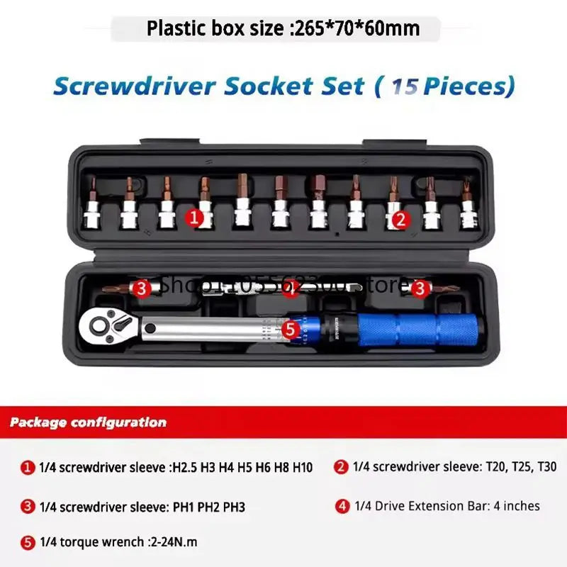 16PCS Bike Torque Wrench Set 1-25Nm Pre-set Precision Ratchet Tool for Road Bicycle Small Flywheel Repair with Case