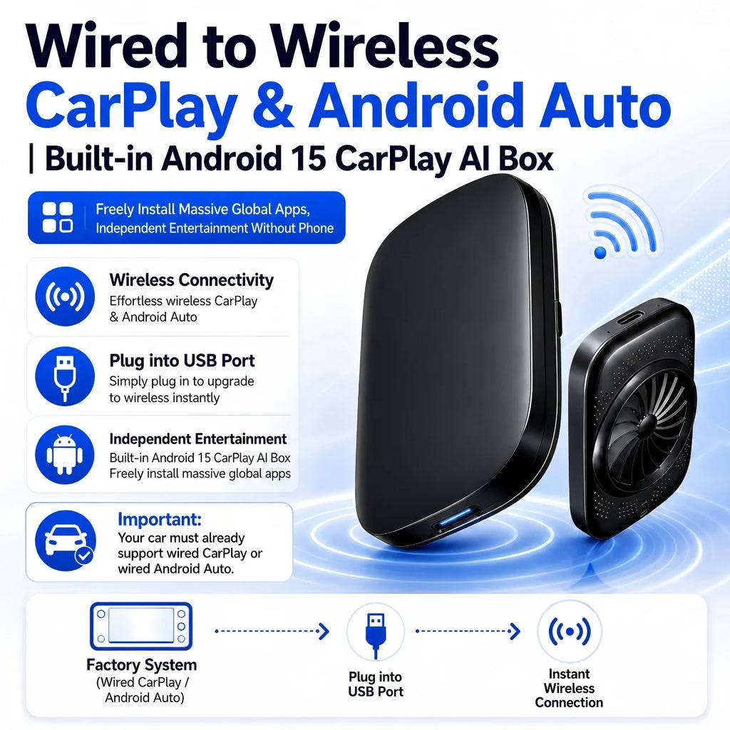 Android 15 CarPlay AI Box Wired to Wireless CarPlay & Android Auto Netflix & YouTube Compatible with Volkswagen VW Kia Toyota