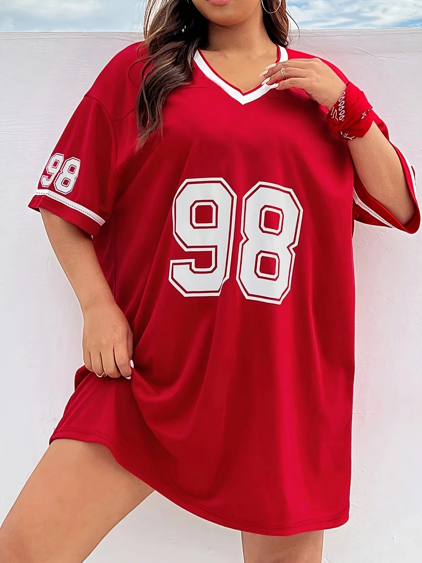 Plus Size Women's Casual V-Neck Sleeveled Vibrant Red with Bold '98' Graphic Printed T-shirt Loose Fit Summer Breathable Tee