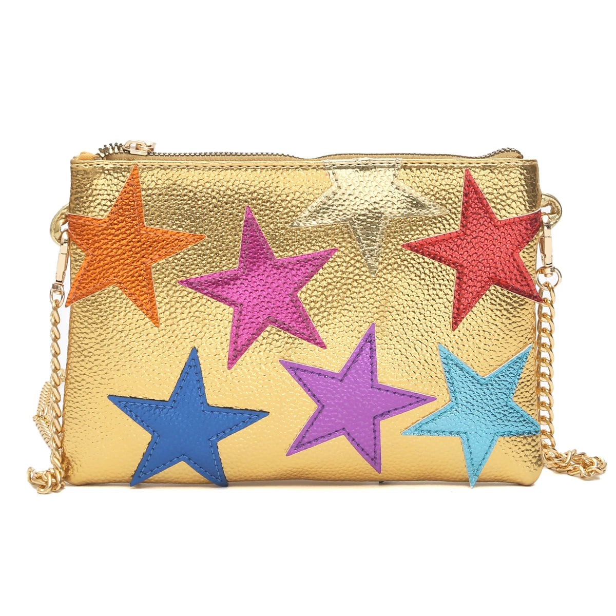 Luxury Chic Women Metallic PU Vegan Leather Square Clutch Stars Pattern Colorful Stripes Chain Shoulder Handbag Party Date Gift
