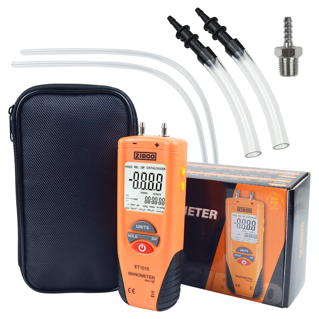 ZIBOO ET1015 Digital Manometer, Dual Port Differential Pressure Gauge, ±100 PSI Air and Gas Pressure Tester.