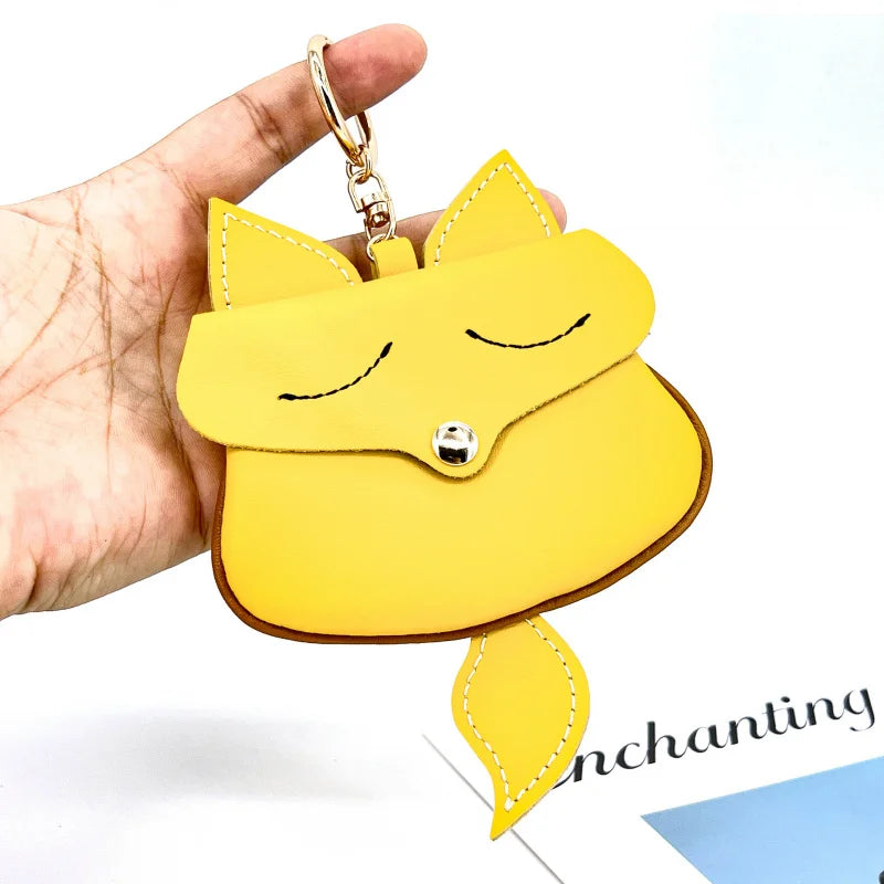 New Cow Leather Fox Keychain Bag Pendant Cute Car Key Ring Bag Parts Accessories For Women And Men Card Bag Holder