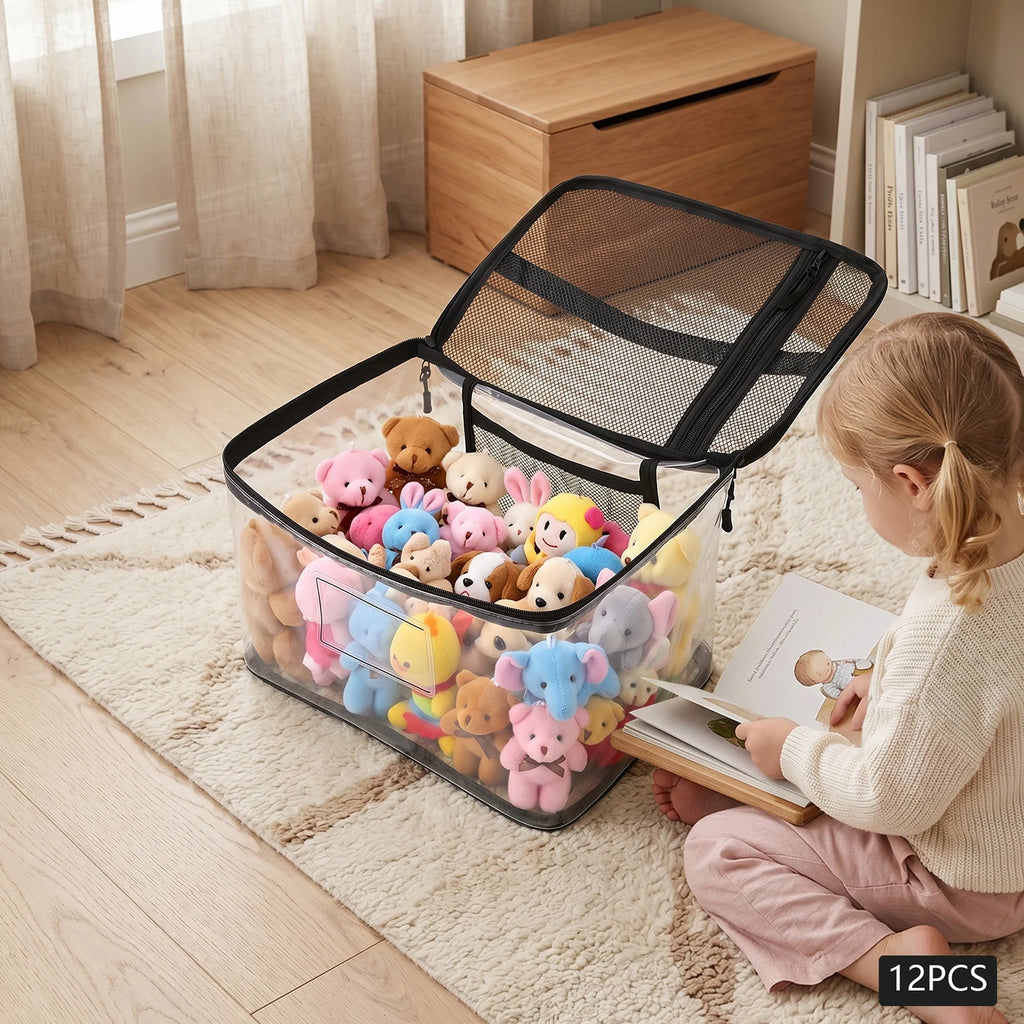 12 Pieces Large PVC Storage Bag, Transparent Black, Toy Organizer with Zipper Pockets, Game Room Storage, Travel Storage for Barbie, Blocks, Plush, Waterproof, Durable, Portable Handle, Home Closet