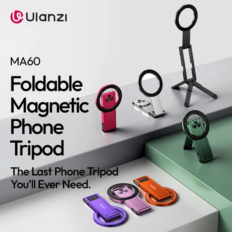Ulanzi MA60 Foldable Magnetic Phone Tripod Handheld Selfie Phone Mount for iPhone 16 15 14 13 Android with Magnetic Ring
