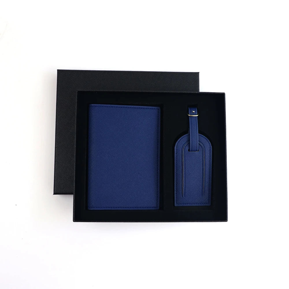 Customized name set, unisex Safiano PU leather passport holder and luggage tag gift box