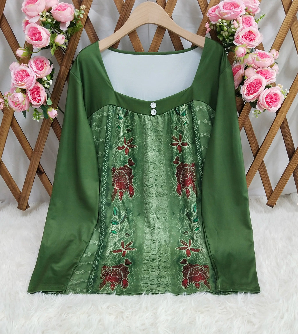 Women's east waist shirt, fashionable button print long-sleeved regular top, square neck casual spring and autumn clothing