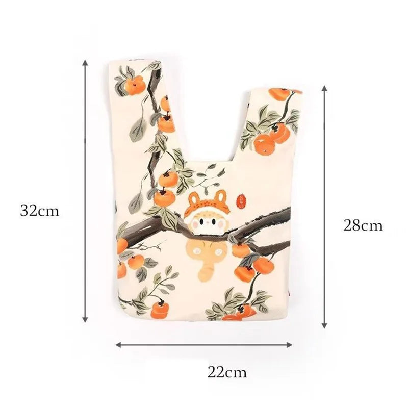 Cute Panda Persimmon Knot Wrist Bag, Canvas Tote Bag, Mini Handbag for Daily Use, Eco-Friendly Reusable