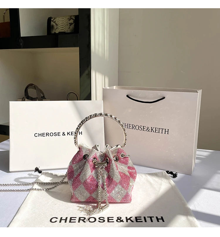 Luxury Designer Green Plaid Rhinestones Diamond Evening Clutch Bag Wedding Party Bucket Purse Women's Handbag Crossbody Bag
