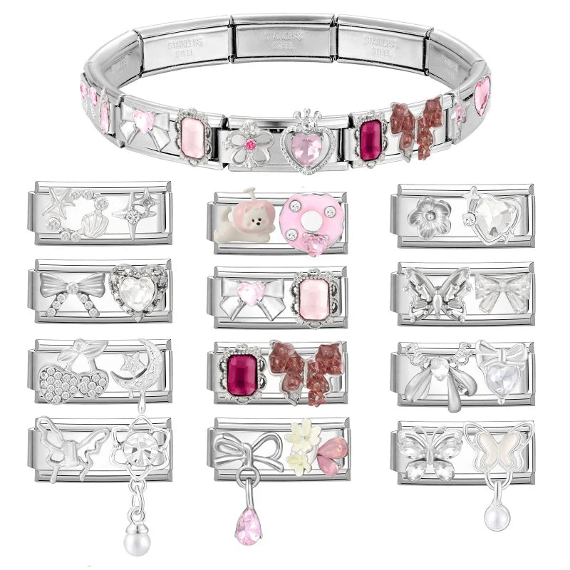 Y2K Zircon Pink Heart Star Butterfly Bow Long Italian Charm Link Fit 9mm Bracelet Stainless Steel Women DIY Making Jewelry Gifts