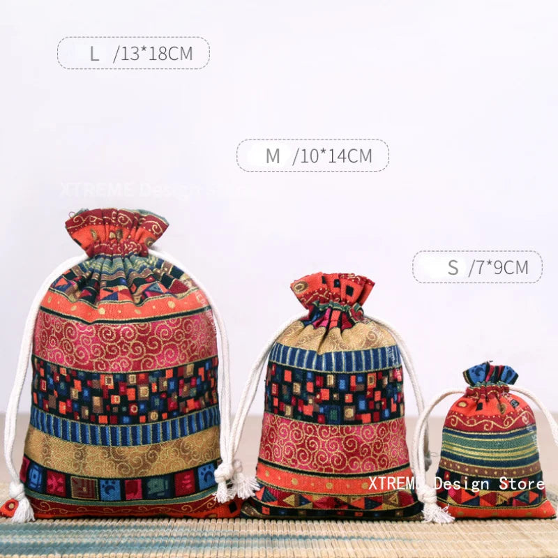 1PC Ethnic Style Cotton Linen Drawstring Pocket Bag Buddhist Beads Storage Bag Jewelry Coin Purse Bag Small Things Sorting Bags