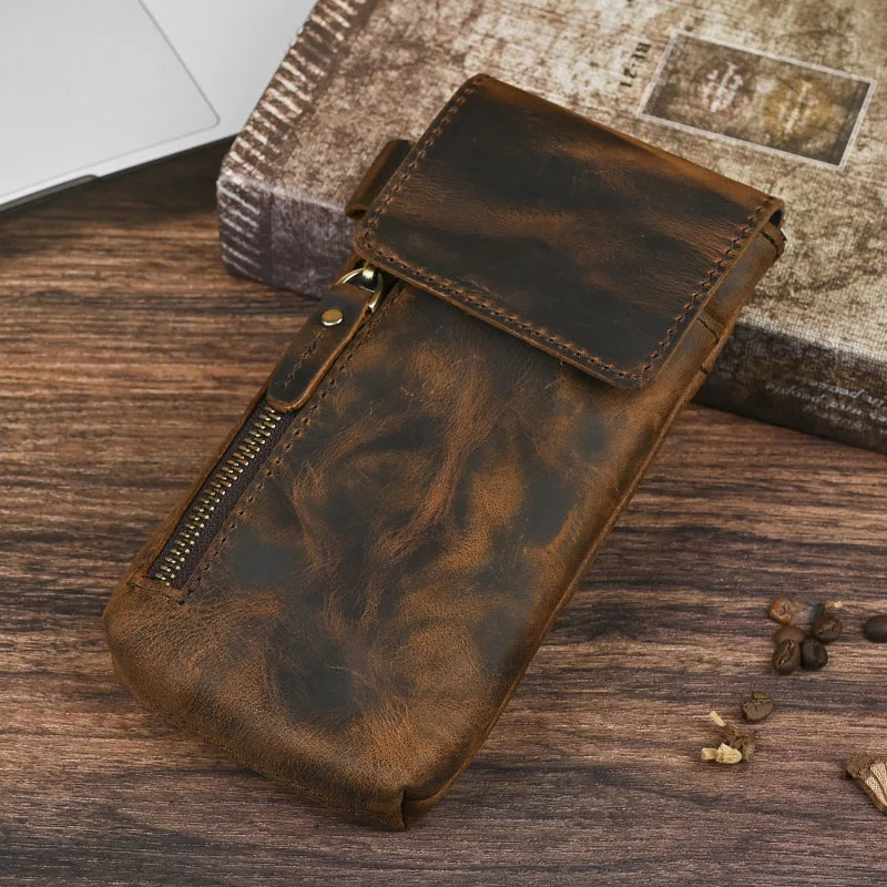 Mad  Leather New Men's Waist Bag Simple Vertical Mobile Phone Bag Trendy  Bar Leather Bag Top Layer Cowhide Belt