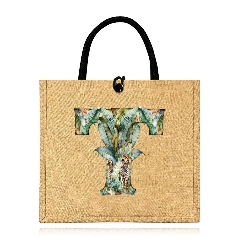 Flax Bag Fastener Handbag Organizer Storage Jute Tote Bags Imitation Cotton Women Valise Portable Jungle Tiger Printing Series
