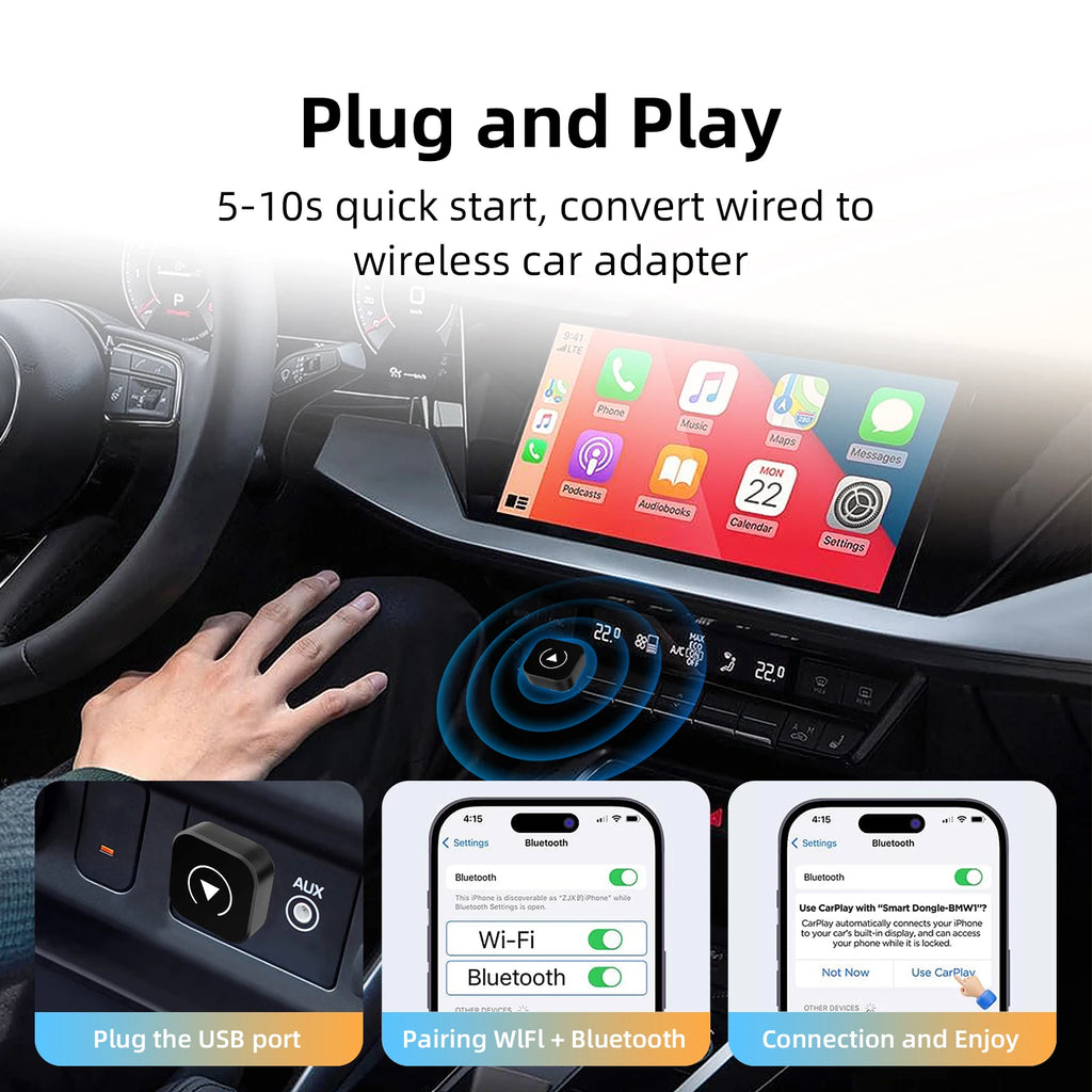 2in1 Smart Mini Box Wireless CarPlay Android Auto Adapter for Factory Wired Car, Wireless CarPlay Android Auto WiFi Fast Connect