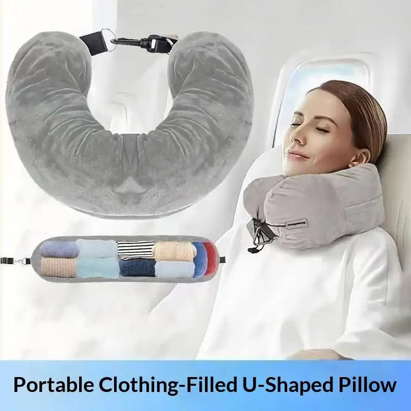 Travel Neck Pillow With Fillable Clothing Storage Bag U-Shaped Pillowcase Crystal Fleece Neck Pillow Cover For Airplane Travel