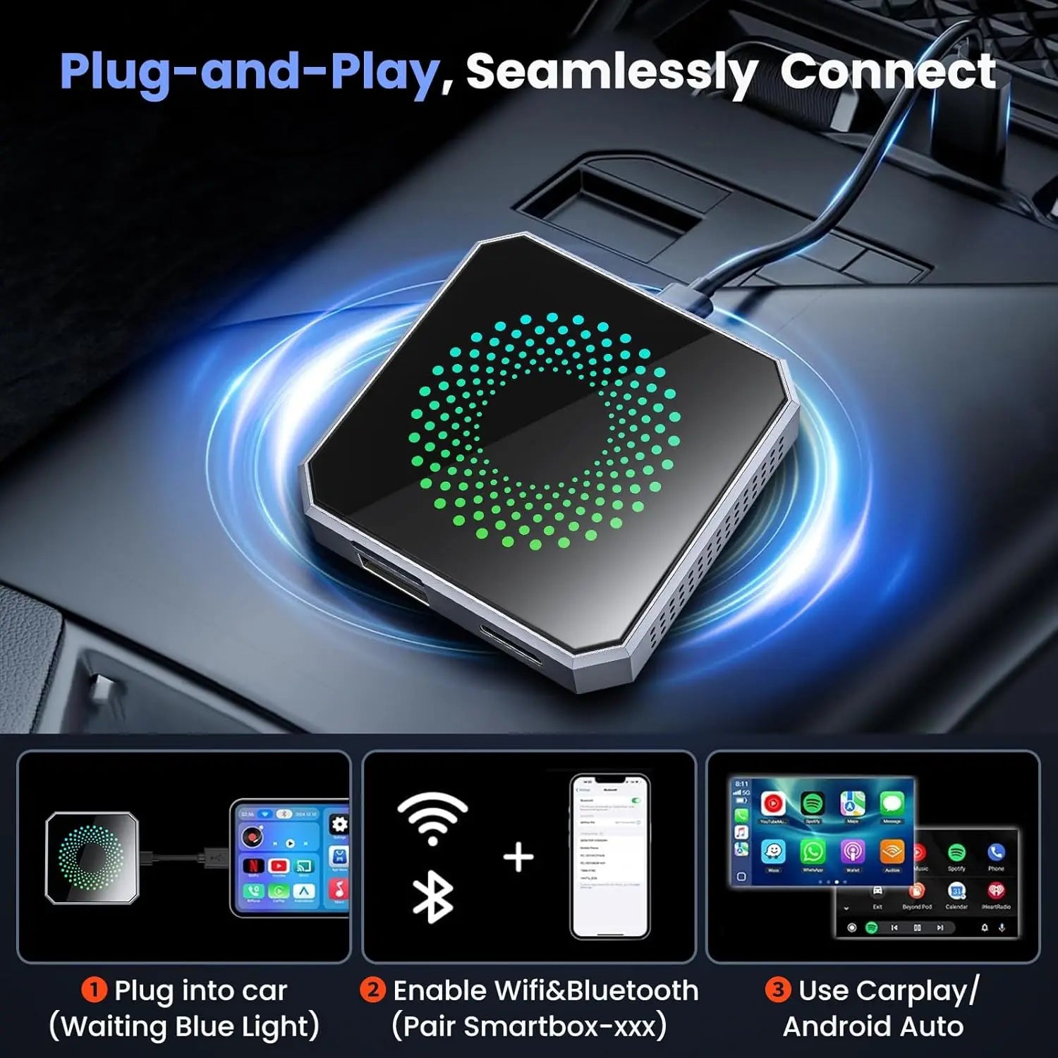 Wireless CarPlay and Android Auto adapters, compatible with Netflix and YouTube. The CarPlay AI box comes with USB-A and USB-C cables, suitable for iPhone and Android devices, converting a wired connection to wireless CarPlay