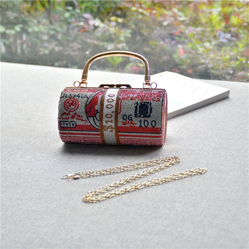 Luxury Money Clutch Rhinestone Purse 10000 Dollars Stack of Cash Evening Handbags Shoulder Wedding Dinner Bag Wallet