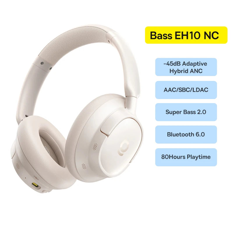 Baseus Bass EH10 NC Wireless Headphones Bluetooth 6.0 Noise Canceling 45dB Over Ear HeadsetSpatial Audio Earphone 80H Time