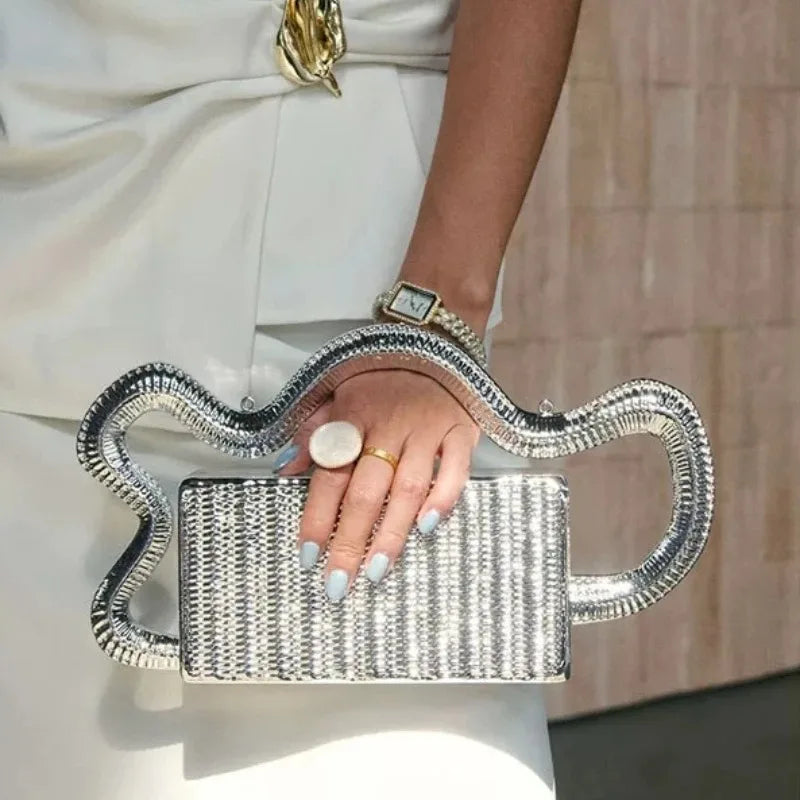 Luxury Evening Bag Designers Original New Unique Wavy Cloud Shaped Handle Box Clutch Bag Metal Textured Hard Shell Shoulder Bag