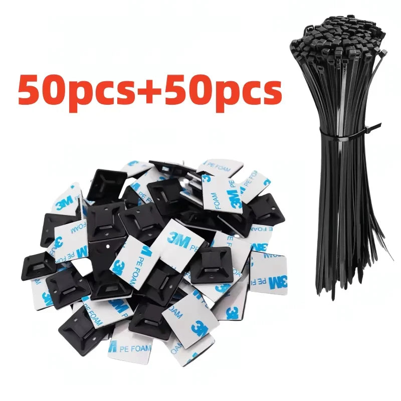 Self-locking Plastic Nylon Tie + Nylon Square Plastic 3M Self Adhesive Wire Zip Fixed Seat Holder Cable Tie Mount Base