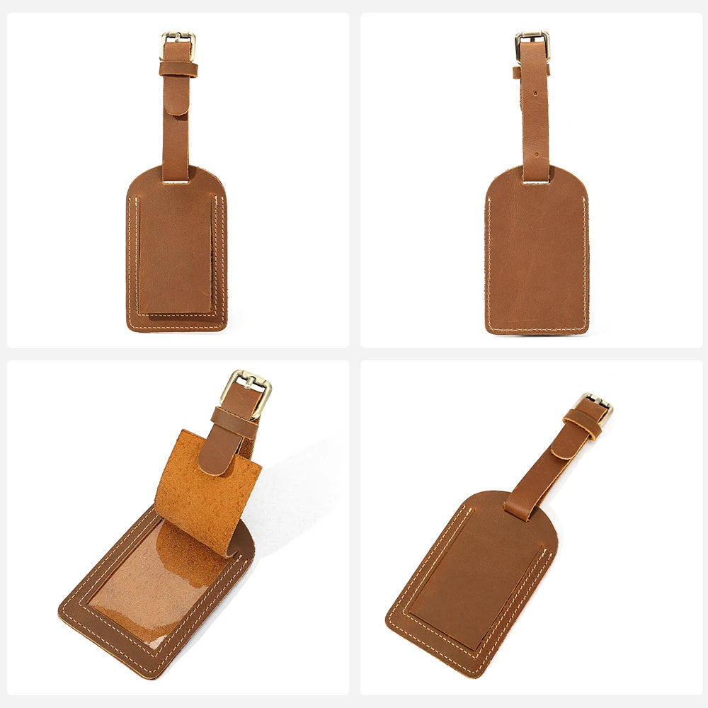 Vintage Crazy Horse Genuine Leather Luggage Tag Privacy Cover ID Address Label Adjustable Strap Suitcase Baggage Travel Accessor