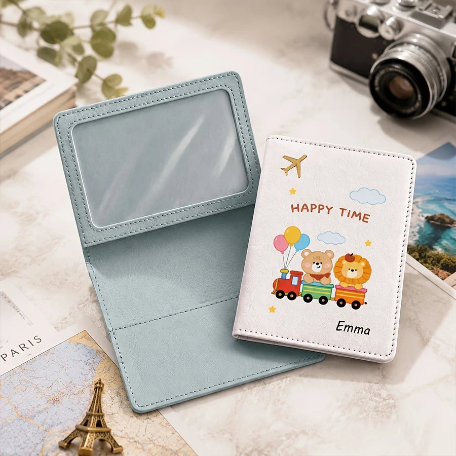Custom Cute Cartoon Animal Bear-pattern Passport Cover with Custom Name, Text Passport Book Holder, Passport Protector