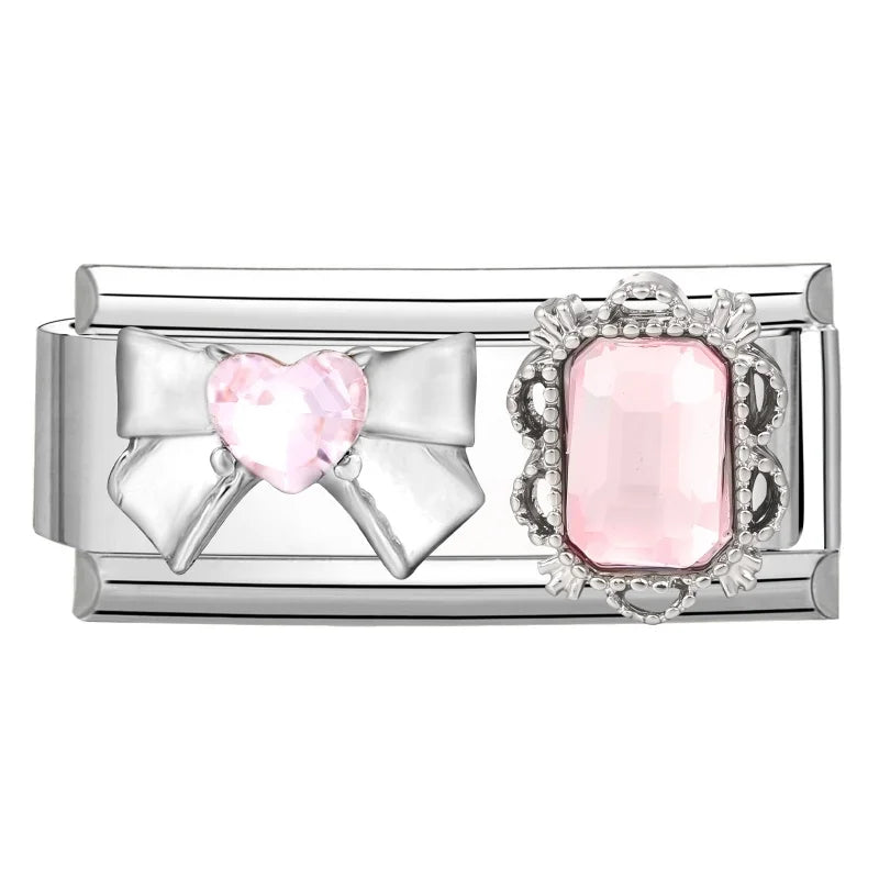 Y2K Zircon Pink Heart Star Butterfly Bow Long Italian Charm Link Fit 9mm Bracelet Stainless Steel Women DIY Making Jewelry Gifts