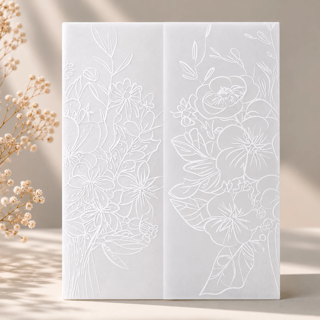 50pcs Pre-Folded Vellum Jackets - White Flower- Wedding Invitations Vellum Wraps - Full Bloom Design for Wedding, Baby Shower