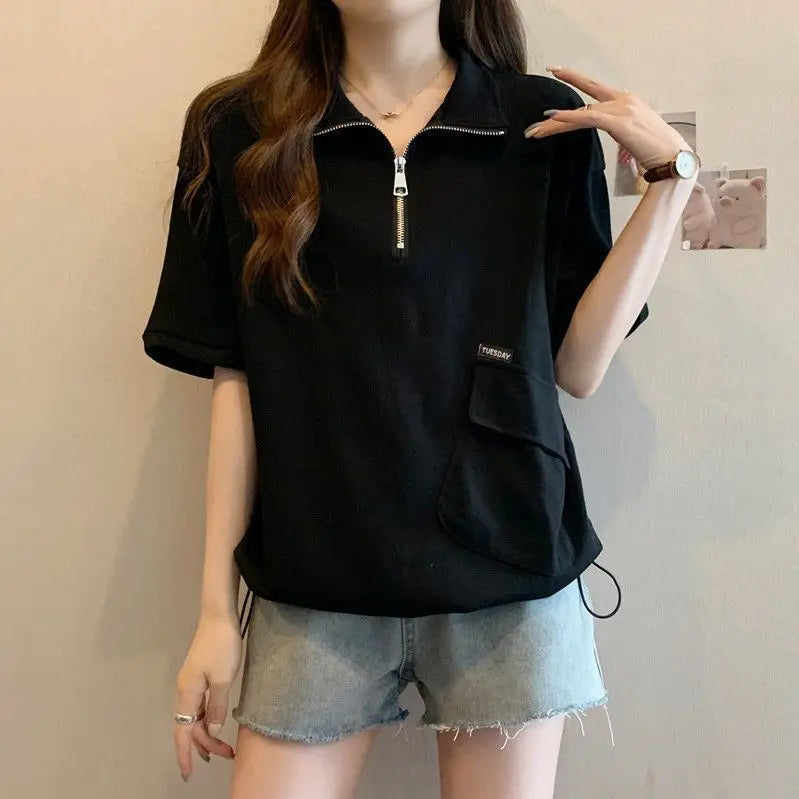 Large size women's clothing spring and summer new solid color casual and thin versatile lapel zipper short-sleeved t-shirt