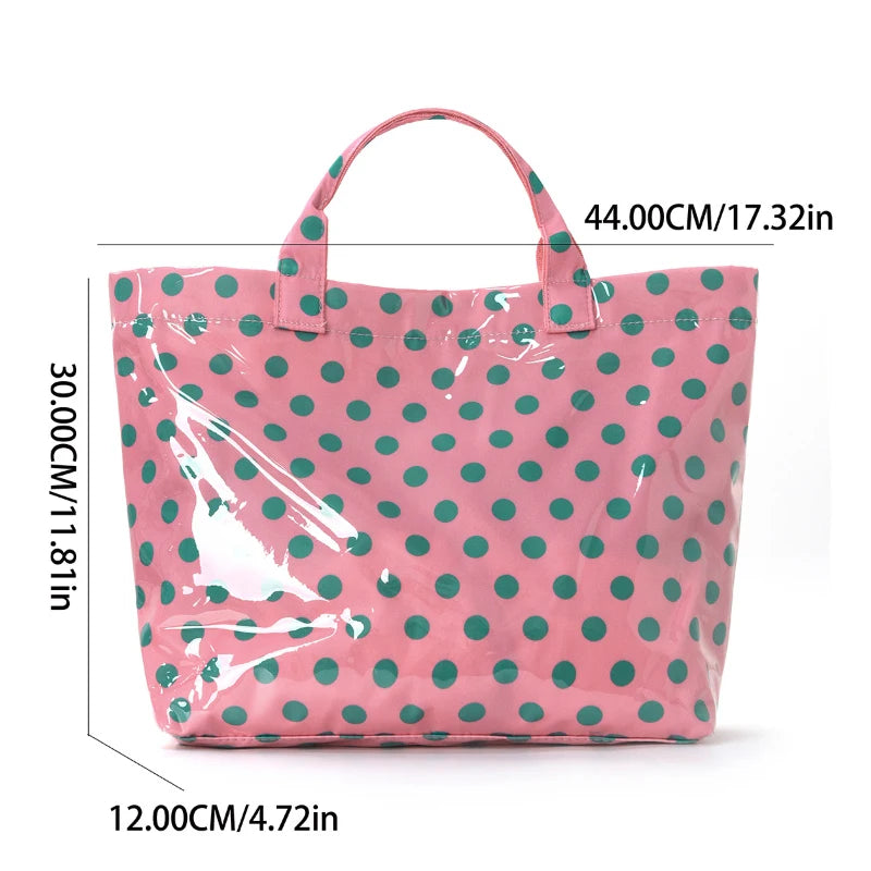 Korean Style Polka Dot Tote Bag PVC Waterproof Large Capacity Handbag Travel Shoulder Bag Shopping Portable Lightweight Casual