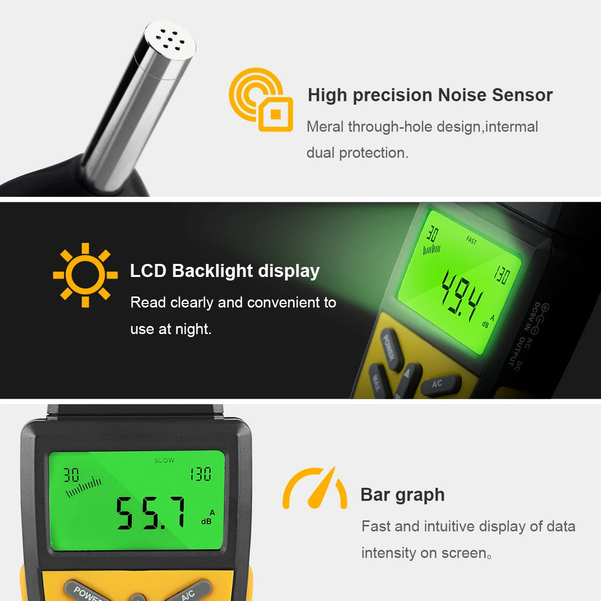Digital Decibel Meter - Wall-Mounted Noise Level Tester (30-130dB) with Alarm & Large Red LCD Display for Home, Factory