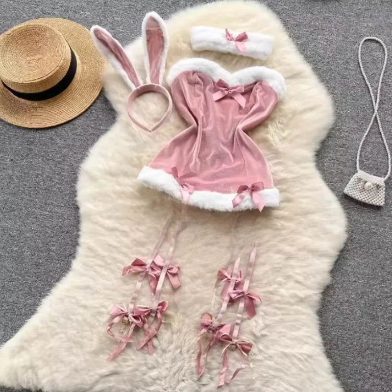 Sweet Bunny Lingerie Set Women Sexy Soft Plush Cute Bowknot Sweet Nightgowns Christmas Rabbit New