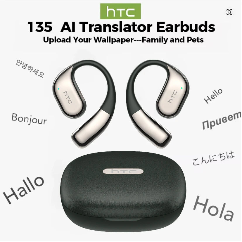 Bluetooth Game Earphones HTC NE39 AI Real Time Translation Open Ear, Surround Sound Stereo Comfortable for Gym Running Travel