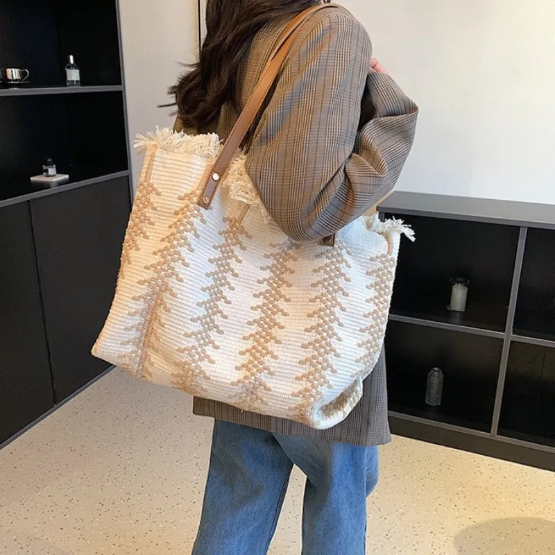 Women's 2026 New Tassel Knitted Canvas Handbag Versatile Multi in One Commuter Shoulder Bag Retro Lazy Style Casual Tote Bag