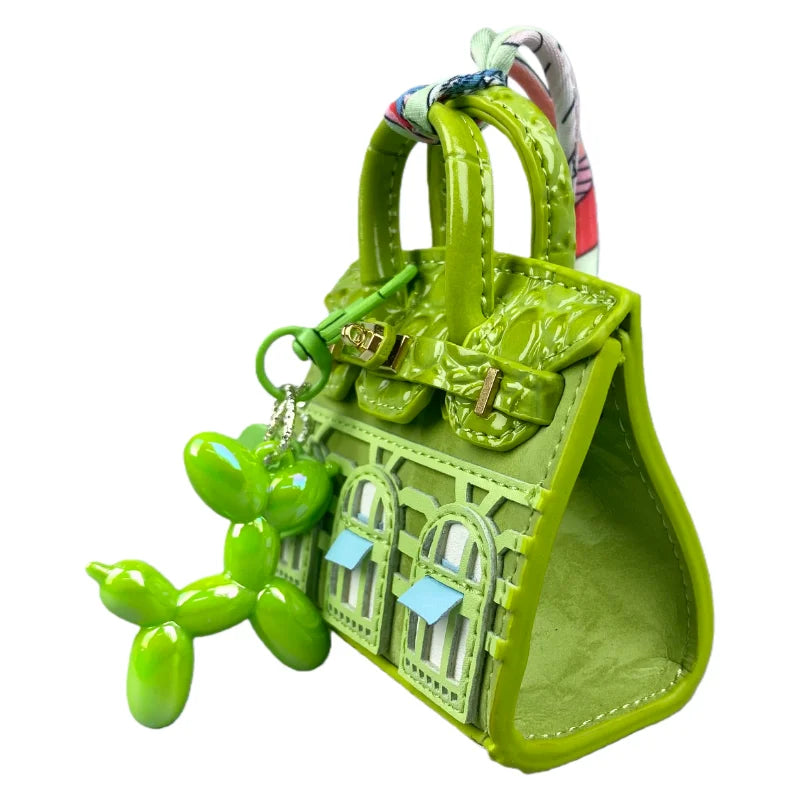 Handcrafted Mini House-Shaped Handbag with Puppy Keychain Suede Touch Bag Charm Purse Accessory for Earphones Coins Lipsticks