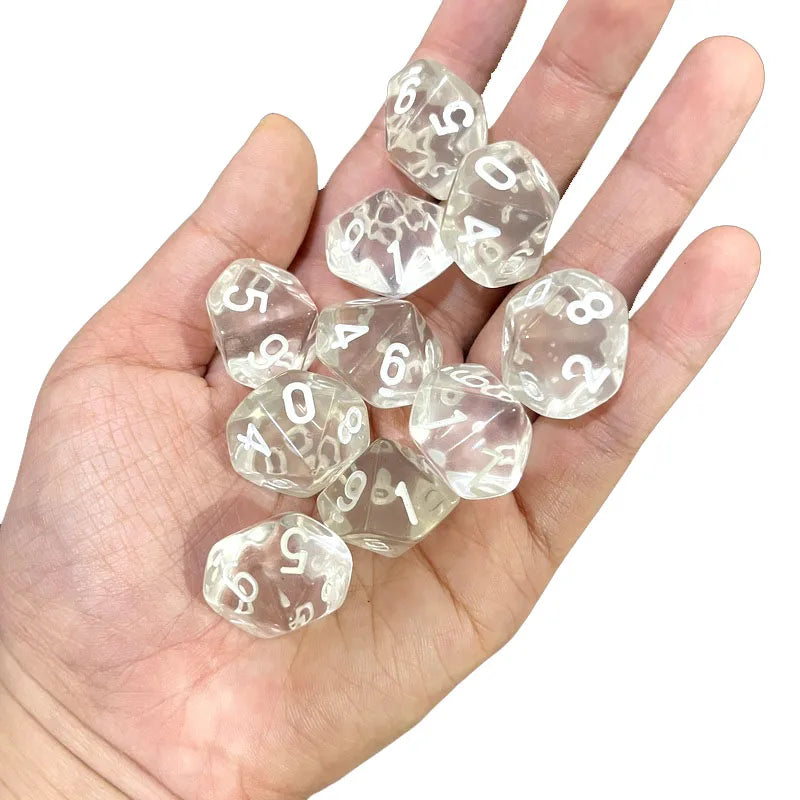 10pcs 10 Sided Dice D10 Polyhedral Clear transparent Dices for Board Games 0-9 Number 18mm RPG Dice Family Dice