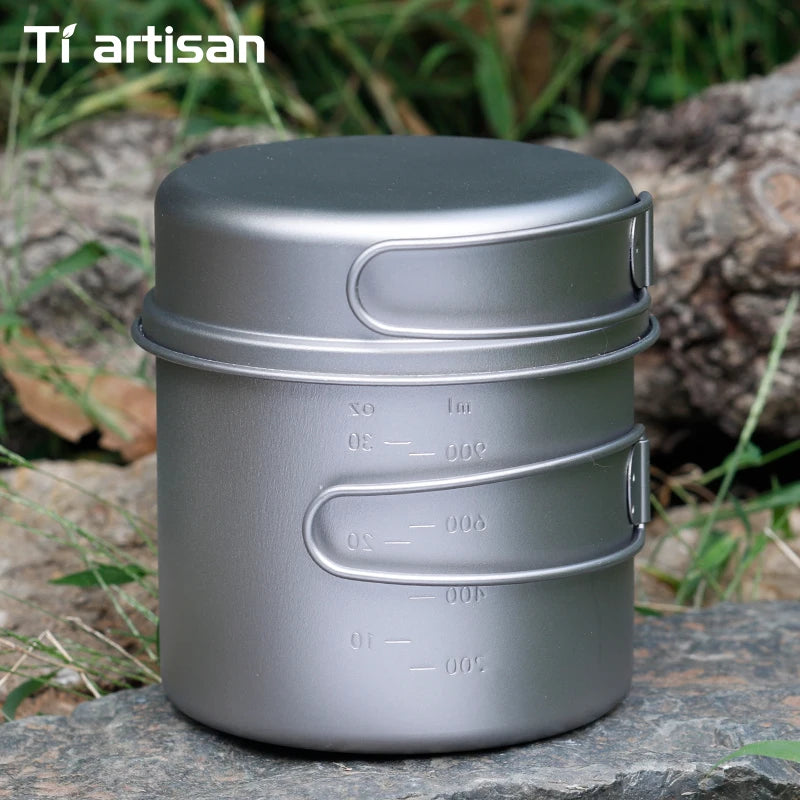Tiartisan Titanium Folding Handle Camping Pot Frying Pan Set  Lightweight Portable Cookware Equipment For Outdoor Hiking Picnic