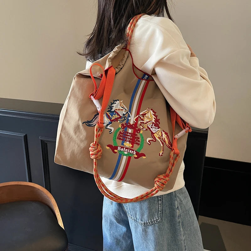 Fashionable Large Capacity Ma'am Canvas Bag 2025 New Cloth Shoulder Tote Bags Drawstring Shopping Handbag Thin Style Canvas Bag