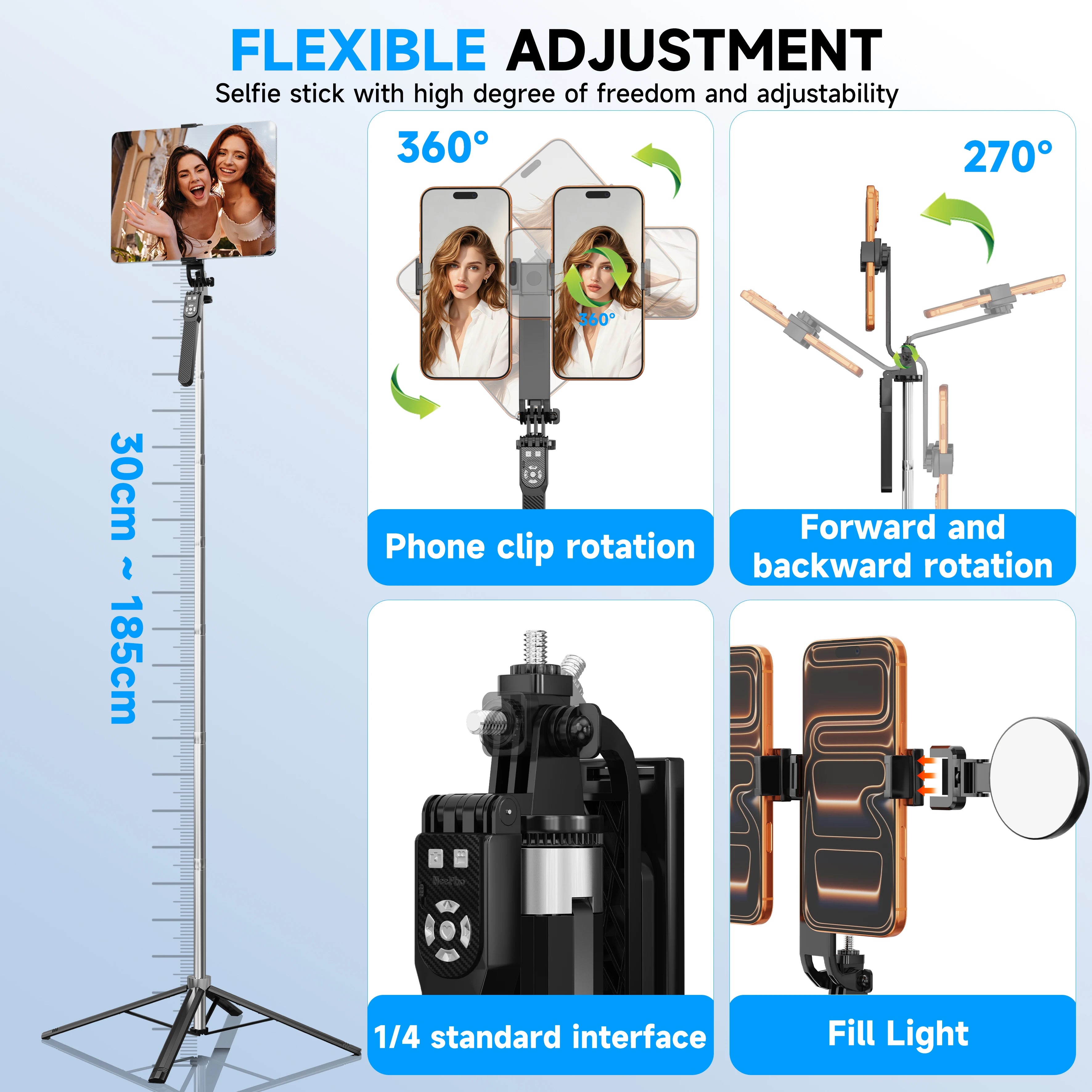 NeePho 185cm Extendable Selfie Stick Tripod NP-L9, Dual Phone Holder, Wireless Remote, Quadruped Stand, for Phone/Tablet/Gopro