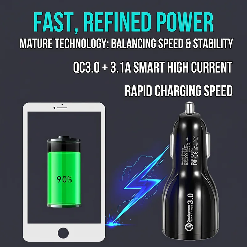 Smart Dual USB Car Charger QC 3.0 3.1A Fast Charging Adapter For iPhone For Samsung And Tablet Universal Car Power Android Phone