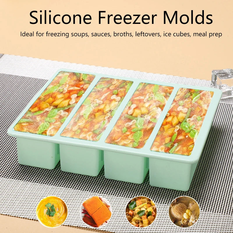 1Pc Extra Large Silicone Freezer Trays Giant 4 Cubes Food Molds With or Without Lid for Soup Meal Sauce Food Storage Ice Cube