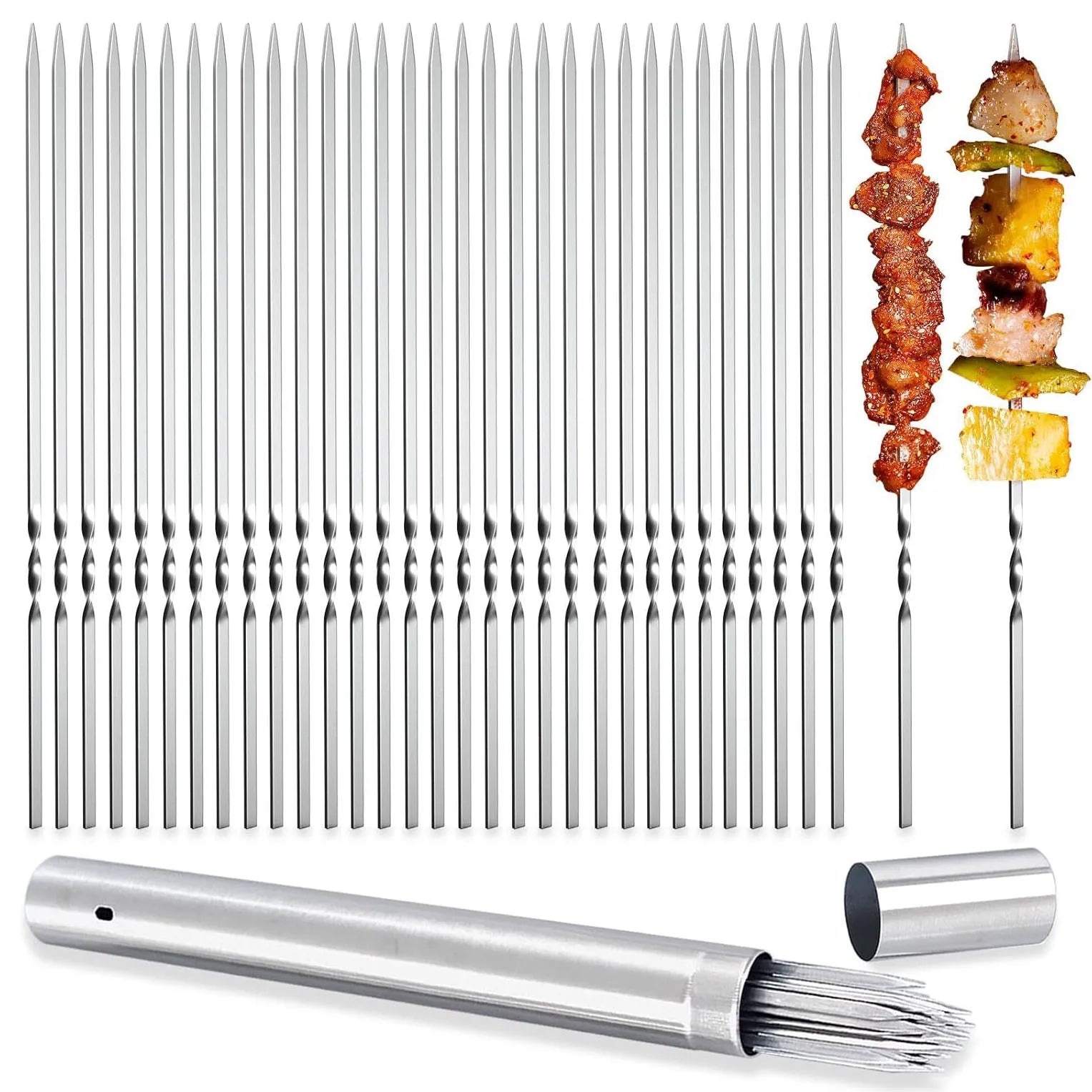 304 Stainless Steel 13.5" Long Flat Barbecue Skewers,40PCS Heavy Duty BBQ Kebab Skewers with Storage Tube,Reusable for Grilling