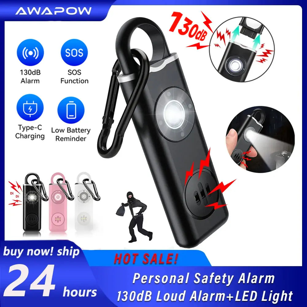 Awapow Personal Defense Alarm 130dB With LED Light Rechargeable Self Defense Woman Safety Alarm Key Chain Emergency Anti-Attack