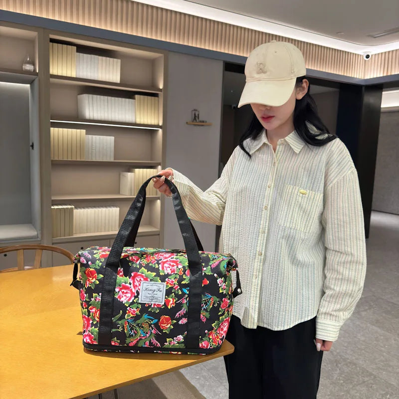 Travel Bag Northeast Big Flower Simple Business Trip Shoulder Bag Fitness Sports Storage Bag Expandable Unisex Oxford Cloth