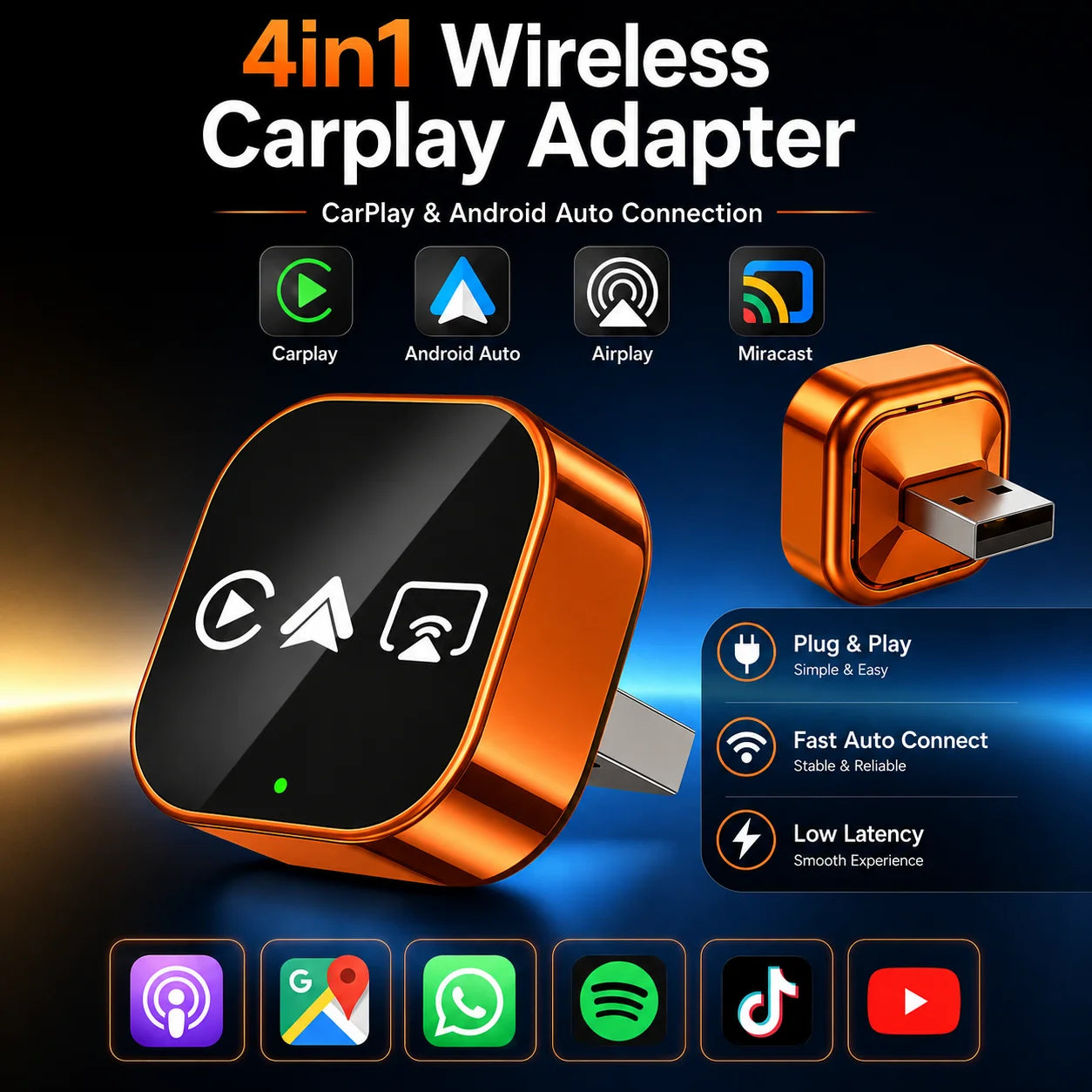 PLAYAIBOX Upgrade 4 In1 Wired to Wireless CarPlay Android Auto AirPlay Mirror Link Stable Bluetooth Adapter For Audi Benz Toyota