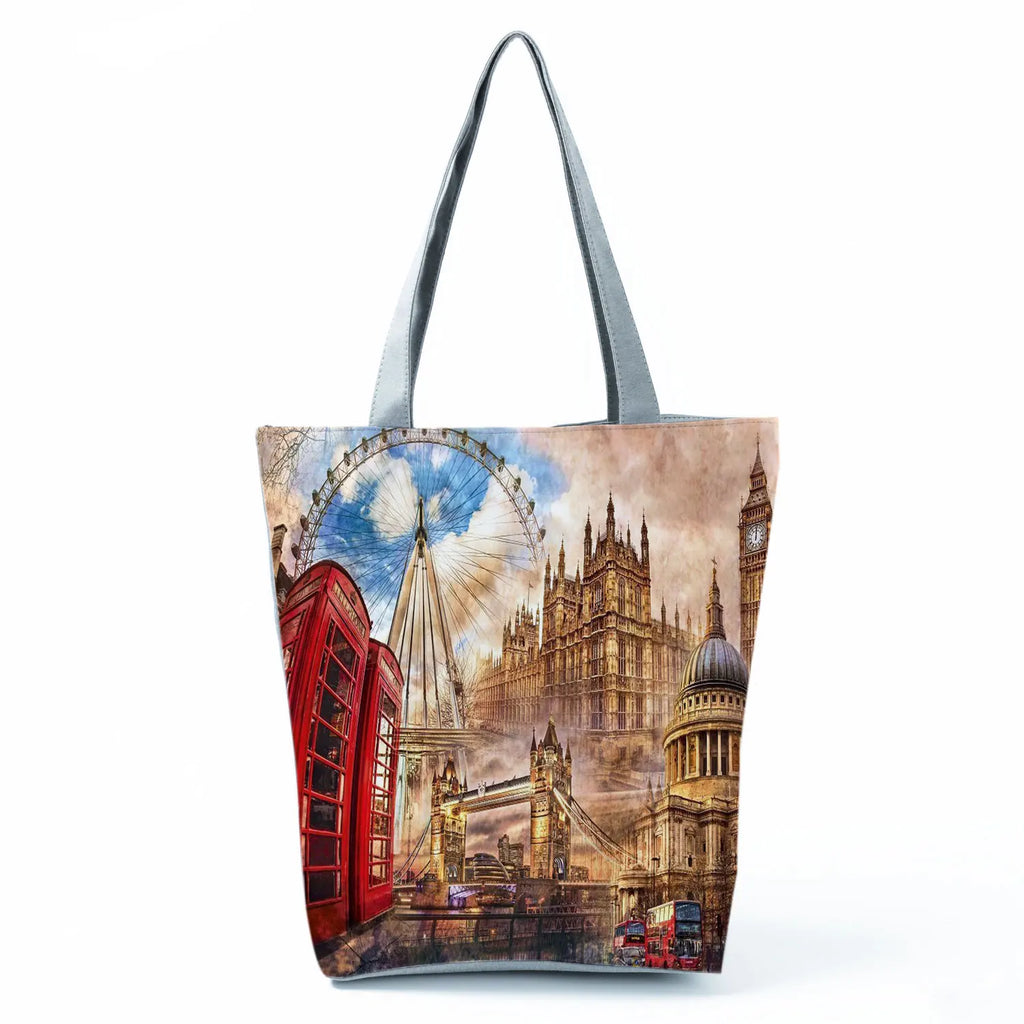 Floral Eiffel Tower Print Tote Bag Paris Landscape Shoulder Bag Fashion Pretty Handbags High Capacity Shopping Bag Eco Beach Bag