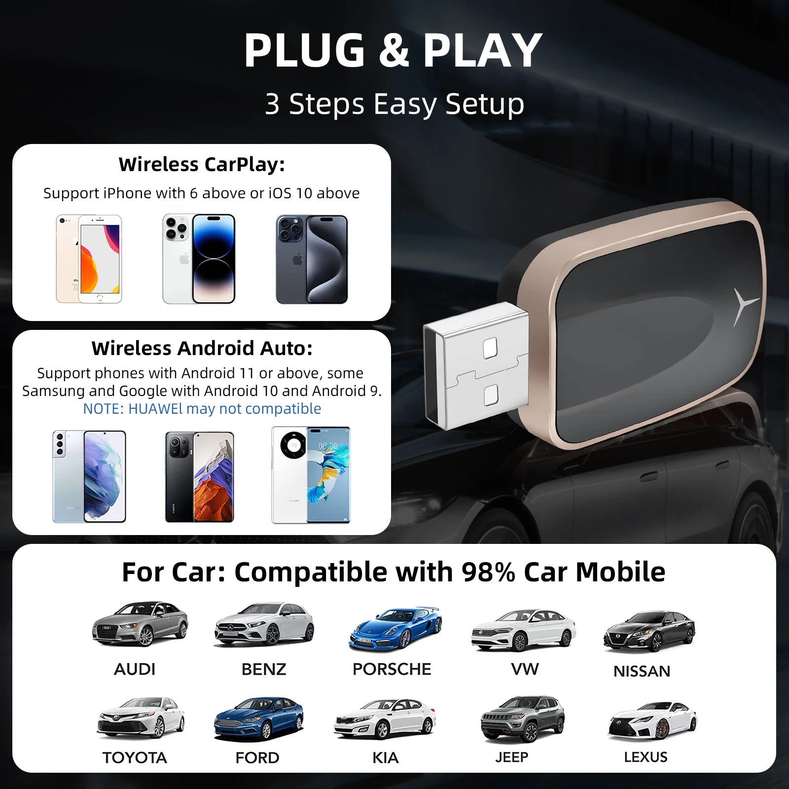 2026 2-in-1 Wireless CarPlay Android Auto Adapter for Factory Wired Cars with 5G WiFi Bluetooth 5.0 Plug and Play OTA Upgrade