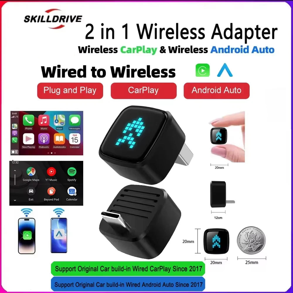 Skilldrive Ultra Mini Wireless Carplay Adapter Android Auto AI Smart Box Intelligent Systems for Wired CarPlay Android Auto Car