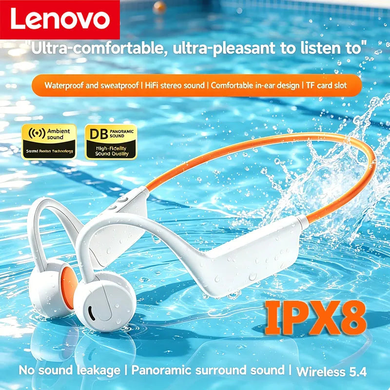 Lenovo Bone Conduction Headphones Waterproof MP3 Bluetooth5.4  IPX8 Wireless Headphones With Mic Swimming Sports Fitness NEW