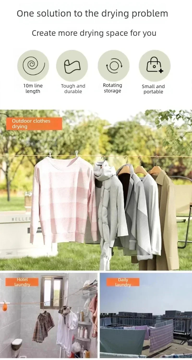1PC Travel Outdoor Camping Hotel Portable Retractable Clothesline,Windproof Anti-slip 10M Laundry Hanger Drying Rope Accessories